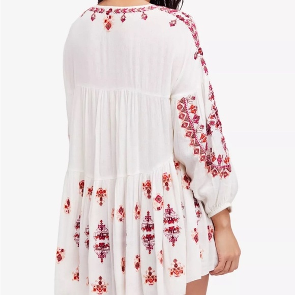 Free People Adrianna Embroidered White and Red Flowy High Low Tunic Medium - Picture 2 of 11
